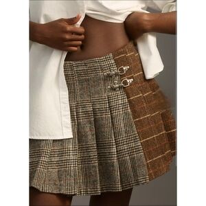 Avec Les Filles Mixed Plaid Gray Brown Pleated Buckle Lined Mini Skirt